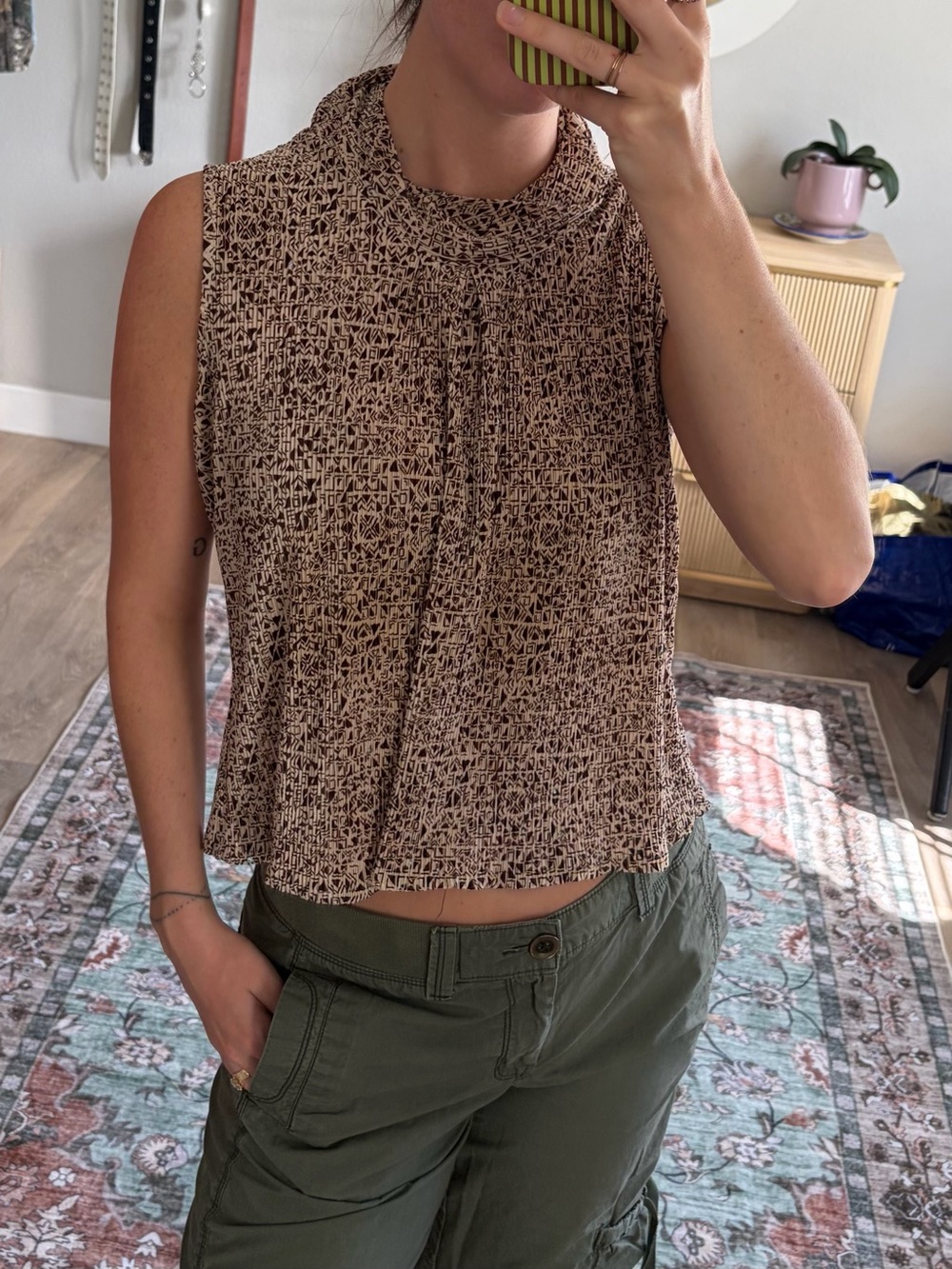 Brown Tan Geometric Cowl Neck Sleeveless Top XL